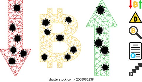 Mesh bitcoin volatility polygonal icon vector illustration, with black Covid nodes. Carcass model is created from bitcoin volatility flat icon, with covid elements and triangular mesh.