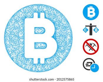 Mesh Bitcoin web 2d vector illustration. Carcass model is based on Bitcoin flat icon. Network forms abstract Bitcoin flat model. Wire frame flat web network isolated on a white background.