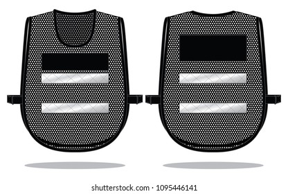 Mesh Black Vest With Double Gray Reflective Tape and Black Space for Text Design on White Backgriund. Front and Back View.