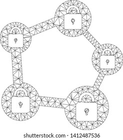 Mesh blockchain network model icon. Wire frame triangular mesh of vector blockchain network isolated on a white background. Abstract 2d mesh created from triangular lines and points.