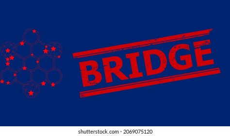 Mesh blockchain polygonal 2d vector illustration, and red BRIDGE textured stamp imitation. Carcass model is created from blockchain flat icon, with stars and triangular mesh.