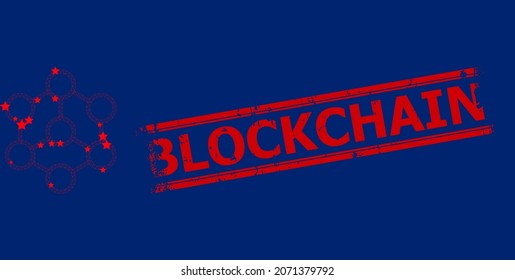 Mesh blockchain polygonal icon vector illustration, and red BLOCKCHAIN textured stamp imitation. Model is created from blockchain flat icon, with stars and triangle mesh.