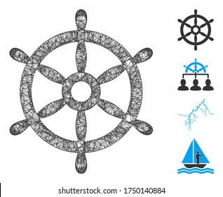 Mesh boat steering wheel web symbol vector illustration. Carcass model is based on boat steering wheel flat icon. Network forms abstract boat steering wheel flat model.