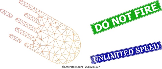 Mesh bolide image, and Do Not Fire blue and green rectangle scratched seals. Polygonal wireframe illustration is created from bolide icon. Seals have Do Not Fire caption inside rectangle form.