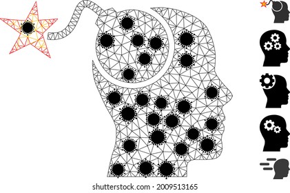 Ilustración de vectores de iconos poligonales de la idea de la bomba de malla, con elementos del coronavirus negro. El modelo se basa en el icono plano de idea de bomba, con elementos de coronavirus y red poligonal.