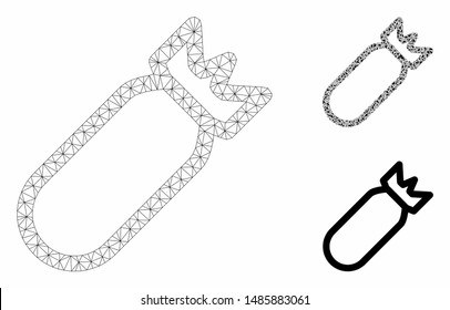 Mesh bomb model with triangle mosaic icon. Wire frame triangular mesh of bomb. Vector mosaic of triangle elements in variable sizes, and color tones. Abstract flat mesh bomb,