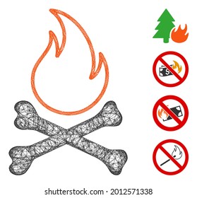 Mesh bones hell fire web symbol vector illustration. Abstraction is based on bones hell fire flat icon. Network forms abstract bones hell fire flat carcass.