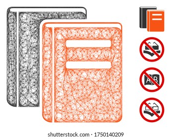 Mesh Books Web Icon Vector Illustration. Model Is Based On Books Flat Icon. Network Forms Abstract Books Flat Model. Wireframe Flat Line Network Isolated On A White Background. Bonus Icons Are Added.