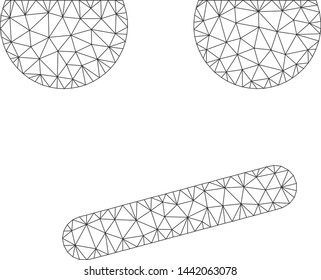 Mesh bored smiley polygonal 2d vector illustration. Carcass model is based on bored smiley flat icon. Triangular network forms abstract bored smiley flat carcass.
