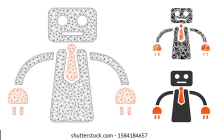 Mesh boss robot model with triangle mosaic icon. Wire frame triangular mesh of boss robot. Vector collage of triangle parts in various sizes, and color hues. Abstract 2d mesh boss robot,