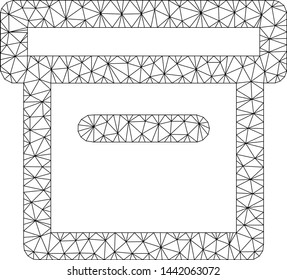 Mesh box polygonal symbol vector illustration. Model is based on box flat icon. Triangular mesh forms abstract box flat model. Wire frame flat polygonal line network isolated on a white background.