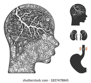 Mesh brain carcinoma polygonal web icon vector illustration. Carcass model is based on brain carcinoma flat icon. Triangle network forms abstract brain carcinoma flat model.