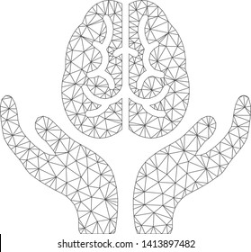 Mesh brain care hands polygonal icon vector illustration. Carcass model is based on brain care hands flat icon. Triangle network forms abstract brain care hands flat carcass.