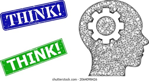Mesh imagen del engranaje cerebral, y Think avisar sellos de sellos de sellos de sellado texturados de rectángulo azul y verde. La imagen del alambre poligonal se basa en el icono del engranaje cerebral. Sellos de sellos con el título de advertencia de opinión dentro del marco rectangular.