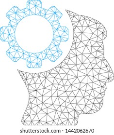 Mesh brain gear polygonal icon vector illustration. Carcass model is based on brain gear flat icon. Triangle mesh forms abstract brain gear flat carcass.
