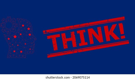 Mesh brain gear polygonal icon vector illustration, and red THINK Exclamation corroded seal. Carcass model is created from brain gear flat icon, with stars and polygonal mesh.