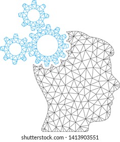 Mesh brain gears polygonal icon vector illustration. Model is based on brain gears flat icon. Triangular mesh forms abstract brain gears flat model.