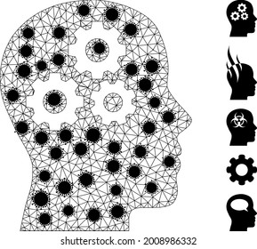 Mesh brain gears polygonal icon vector illustration, with black virus items. Model is created from brain gears flat icon, with infectious elements and polygonal mesh.