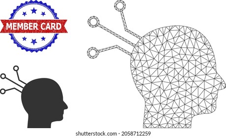 Mesh brain link carcass icon, and bicolor textured Member Card watermark. Mesh carcass image designed with brain link pictogram. Vector seal with Member Card tag inside red ribbon and blue rosette,