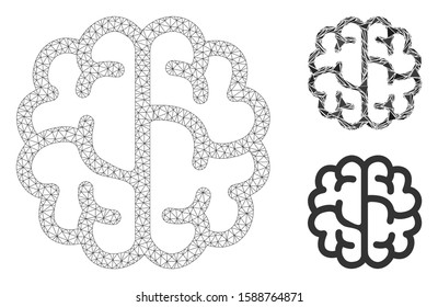 Mesh brain model with triangle mosaic icon. Wire frame triangular network of brain. Vector mosaic of triangle parts in various sizes, and color tints. Abstract 2d mesh brain,