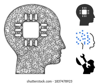 Mesh brain processor polygonal web icon vector illustration. Carcass model is based on brain processor flat icon. Triangle mesh forms abstract brain processor flat carcass.