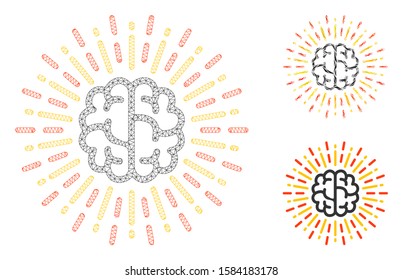 Mesh brain radiance model with triangle mosaic icon. Wire frame triangular mesh of brain radiance. Vector composition of triangle parts in different sizes, and color tints.