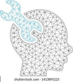 Mesh brain service wrench polygonal 2d vector illustration. Model is based on brain service wrench flat icon. Triangular network forms abstract brain service wrench flat model.