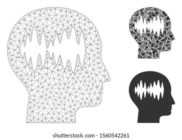 Mesh brain waves model with triangle mosaic icon. Wire carcass polygonal mesh of brain waves. Vector mosaic of triangle parts in variable sizes, and color tints.  
