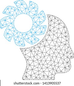 Mesh brain wheel polygonal 2d vector illustration. Model is based on brain wheel flat icon. Triangle network forms abstract brain wheel flat model.