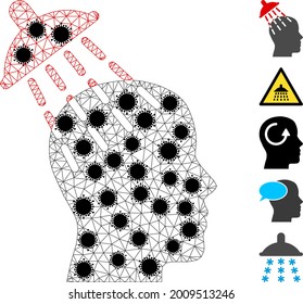 Mesh brainwashing polygonal icon vector illustration, with black virus elements. Carcass model is created from brainwashing flat icon, with virus nodes and triangle mesh.