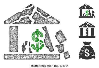 Ilustración vectorial de icono web poligonal de malla rota banco. El modelo de canal se basa en un icono plano de banco roto. La malla triangular forma la carcasa plana de banco roto abstracta.