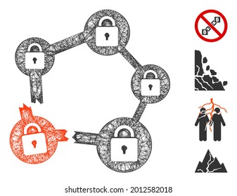 Mesh broken blockchain network web icon vector illustration. Model is created from broken blockchain network flat icon. Network forms abstract broken blockchain network flat carcass.