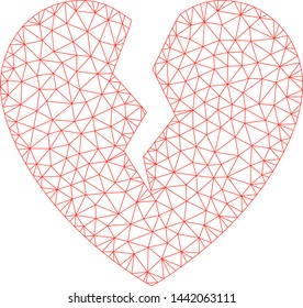 Mesh broken heart polygonal 2d vector illustration. Model is based on broken heart flat icon. Triangular mesh forms abstract broken heart flat model.