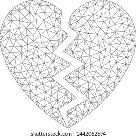 Mesh broken heart polygonal icon vector illustration. Carcass model is created from broken heart flat icon. Triangular mesh forms abstract broken heart flat carcass.