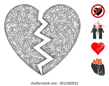 Mesh broken heart web 2d vector illustration. Model is based on broken heart flat icon. Mesh forms abstract broken heart flat model. Wire frame 2D web network isolated on a white background.