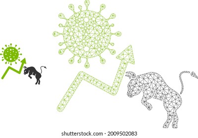 Mesh bull covid market model icon. Wire carcass polygonal mesh of vector bull covid market isolated on a white background. Abstract 2d mesh created from polygonal grid and small circle.