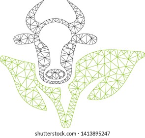 Mesh bull and plant polygonal 2d vector illustration. Carcass model is based on bull and plant flat icon. Triangular mesh forms abstract bull and plant flat model.