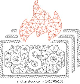 Mesh burn banknotes polygonal icon vector illustration. Carcass model is based on burn banknotes flat icon. Triangle network forms abstract burn banknotes flat model.