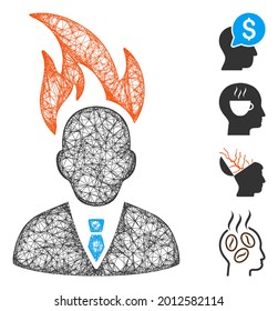 Mesh burn businessman head web icon vector illustration. Carcass model is based on burn businessman head flat icon. Mesh forms abstract burn businessman head flat model.