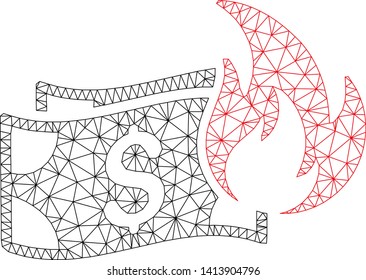 Mesh burn dollar banknotes polygonal icon vector illustration. Model is based on burn dollar banknotes flat icon. Triangle network forms abstract burn dollar banknotes flat model.