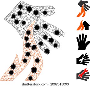 Ilustración vectorial de icono poligonal de quema de malla, con centros de virus negros. El modelo de canal se basa en un icono plano de mano de quemado, con elementos de virus y malla triangular.