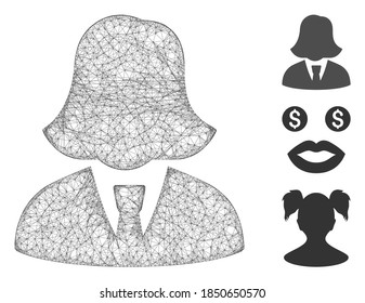 Mesh business lady polygonal web icon vector illustration. Model is based on business lady flat icon. Triangular mesh forms abstract business lady flat model.