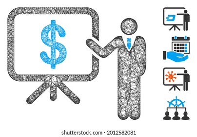 Ilustración de vectores de iconos web de presentación de plan de negocio de malla. El modelo Carcass se basa en el icono plano de presentación de planes de negocio. Mesh forma un modelo plano de presentación de planes de negocio abstracto.