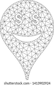 Mesh business smiley map marker polygonal symbol vector illustration. Carcass model is based on business smiley map marker flat icon.