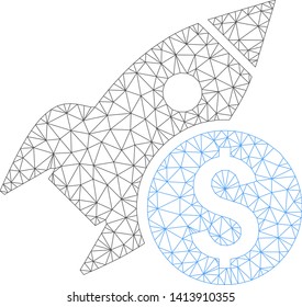 Mesh business startup rocket polygonal icon vector illustration. Carcass model is based on business startup rocket flat icon. Triangle network forms abstract business startup rocket flat carcass.