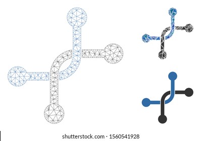 Mesh bypass connection model with triangle mosaic icon. Wire frame polygonal mesh of bypass connection. Vector mosaic of triangle elements in different sizes, and color hues.