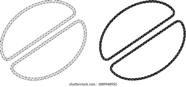 Mesh Kakaobohnen polygonal 2d Illustrationen, gefüllt und Karkasse Versionen. Vektor-Netz-Netz-Kakaobohnen-Symbole. Wire Karkasse und gefüllte abstrakte 2D-Netzsymbole auf der Grundlage des Kakaobohnensymbols.