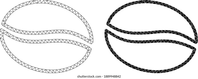 Mesh cacao beans polygonal 2d illustrations, filled and carcass versions. Vector net mesh cacao beans icons. Linear carcass and filled flat net geometric symbols based on cacao beans icon.