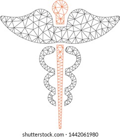 Mesh caduceus polygonal 2d vector illustration. Carcass model is based on caduceus flat icon. Triangle network forms abstract caduceus flat carcass.