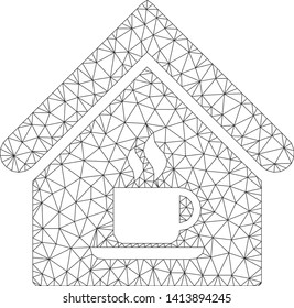 Mesh cafe house polygonal icon vector illustration. Carcass model is based on cafe house flat icon. Triangle network forms abstract cafe house flat carcass.